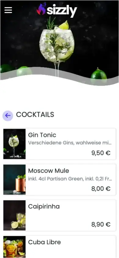 screenshot of sizzly ordering app showing beverage menu