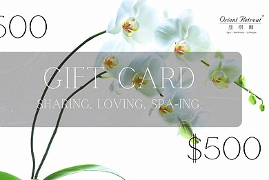 Orient Retreat Spa gift card valued at $500, redeemable to all spa treatments and products.