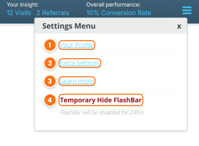 Settings Menu of the Affiliate Bar with the Your Profile, Extra Settings and Learn more links and the Temporary Hide FlashBar option