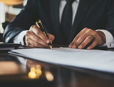 A businessman managing legal agreements, validating contracts, and confirming business document approvals, possibly involving warranty certificates
