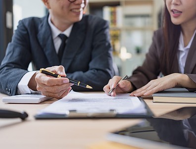 Lawyer or judge consult, Businessman and woman lawyers discussing about contract and agreement concept.