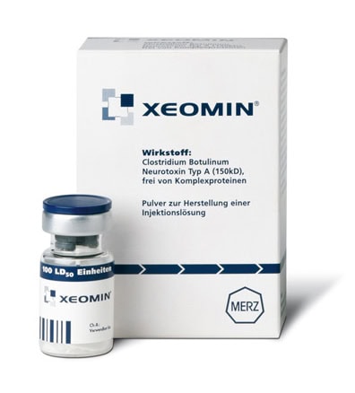 Xeomin botulinum toxin vial and product box by Merz, injectable neurotoxin for wrinkle treatment