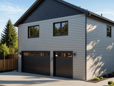3-car garage with living space in yard with fence