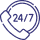 A 24/7 service icon featuring a telephone handset and circular arrow.
