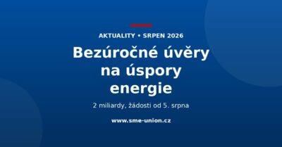Modrý banner Unie malých a středních podniků s nápisem Bezúročné úvěry na úspory energie a podtitulem 2 miliardy, žádosti od 5. srpna