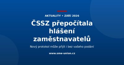 Modrý banner Unie malých a středních podniků s nápisem ČSSZ přepočítala hlášení zaměstnavatelů