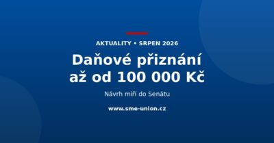 Modrý banner Unie malých a středních podniků s nápisem Daňové přiznání až od 100 000 Kč a podtitulem Návrh míří do Senátu
