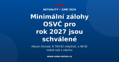 Banner aktuality: Minimální zálohy OSVČ pro rok 2027 jsou schválené. Hlavní činnost 8 769 Kč měsíčně, o 48 Kč méně než v návrhu.