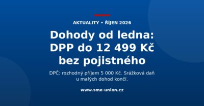 Banner Aktuality říjen 2026: Dohody od ledna, DPP do 12 499 Kč bez pojistného. DPČ: rozhodný příjem 5 000 Kč, srážková daň u malých dohod končí.
