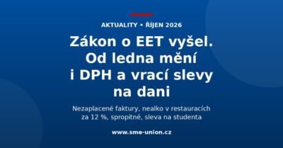 Banner aktuality: Zákon o EET vyšel. Od ledna mění i DPH a vrací slevy na dani. Nezaplacené faktury, nealko v restauracích za 12 %, spropitné, sleva na studenta.