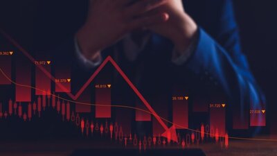 wskaźniki w dół, czerwony wektor w dół, mężczyzna łapiący się za głowę