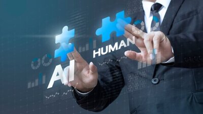 na wirtualnym ekranie 2 puzzle i napisy: AI i Human