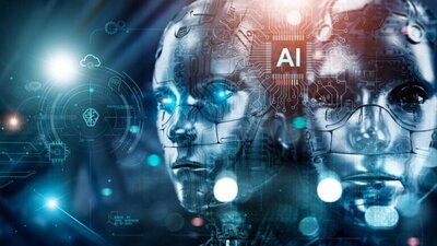 wirtualny obraz twarzy-sztucznej inteligencji, napis AI