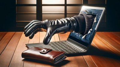 kradzież tożsamości, wirtualna ręka w czarnej rękawiczce wyłaniająca się z ekranu laptopa, sięgająca po portfel