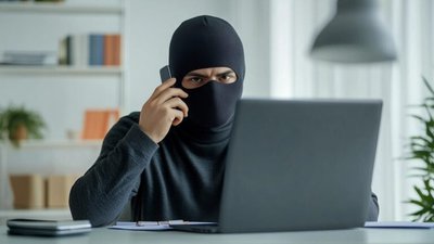 mężczyzna w kominiarce ze smartfonem, siedzi przy laptopie