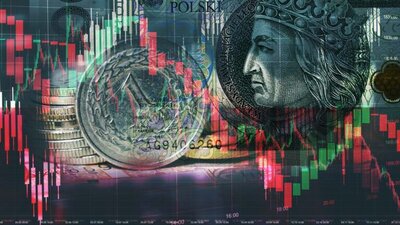 wirtualny ekran ze wskaźnikami, banknot i moneta zł