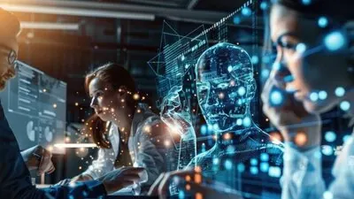 pracownicy, między nimi wirtualne postacie AI