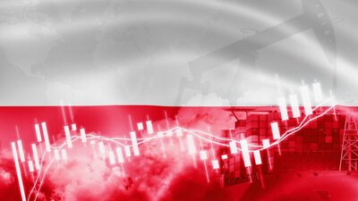 wirtualne wykresy na tle flagi Polski