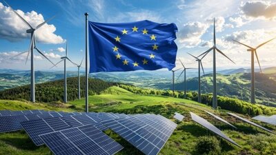 flaga UE, wiatraki, panele PV, OZE