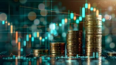 stosy monet, w tle wirtualna tablica wskaźników ekonomicznych