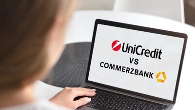 laptop, na ekranie napis UniCredit vs Commerzbank