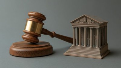 młotek sędziowski, makieta banku