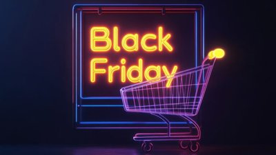 wirtualny napis Black Friday, wirtualny obraz koszyka zakupowego