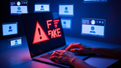laptop, na ekranie napis FAKE