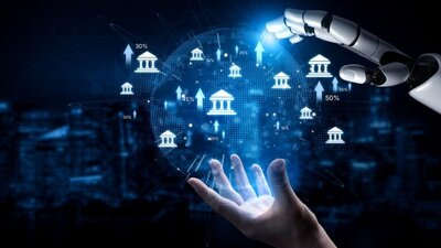 wirtualne ikony banku, dłoń człowieka i AI