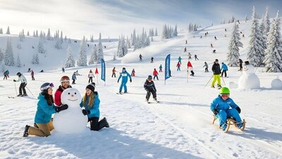 zaśnieżony stok górski, dzieci, sanki, bałwanki