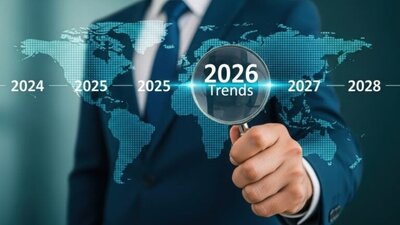 mężczyzna z lupą, wirtualna mapa świata, daty