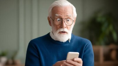 senior ze zdziwieniem patrzy na ekran smartfona