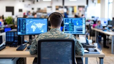 sala z komputerami, żołnierz w słuchawkach przy komputerze