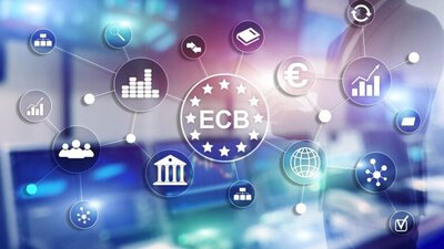 wirtualny ekran, napis ECB, ikony finansowe