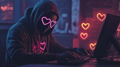 romance scam, przestępca w kapturz, z oczami w kształcie serca