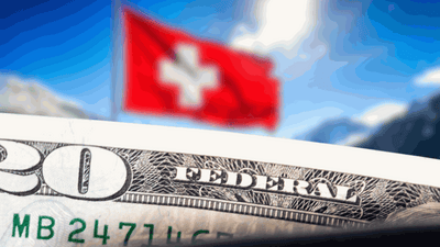 banknot dolarowy, w tle flaga Szwajcarii