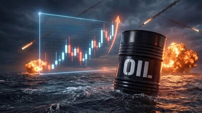 beczka z ropą w wodzie, rakiety bojowe, wykres z wektorem w górę