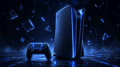 PS6 - تصميم مستقبلي تخيلي لجهاز PlayStation 6 مع وحدة تحكم DoubleSense بخلفية داكنة وإضاءة زرقاء
