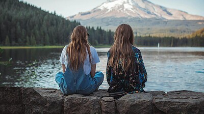 two women sitting on rock facing on body of water and mountain