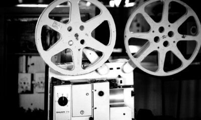 grayscale photo of film reels