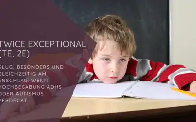 Kind hängt am Schreibtisch mit Heft darauf: Twice Exceptional