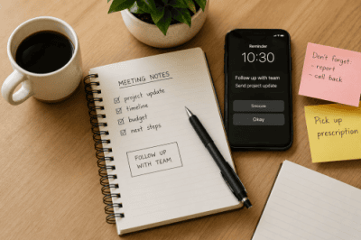 Desk with notebook, phone reminders, sticky notes, coffee, and plant showing external supports for ADHD working memory in adults.
