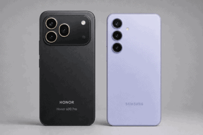 مقارنة بين Samsung A57 و Honor 600 في السعودية والإمارات – هاتفان جنباً إلى جنب على خلفية زرقاء داكنة مع أيقونات الكاميرا 50 ميجابكسل و 108 ميجابكسل والبطارية والشحن