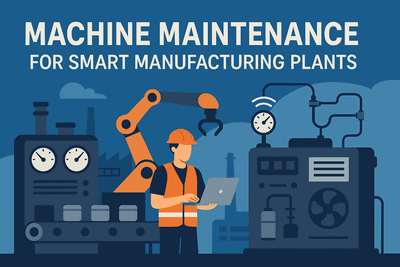 Flat-style digital illustration of a smart manufacturing plant with industrial machines and a maintenance worker using a laptop, set against a factory backdrop with the title “Machine Maintenance for Smart Manufacturing Plants” displayed at the top.