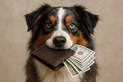 Australian Sheperd mit Geld im Maul