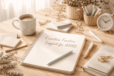 Calming workspace representing ADHD executive function support with notebook, planner, and visual tools