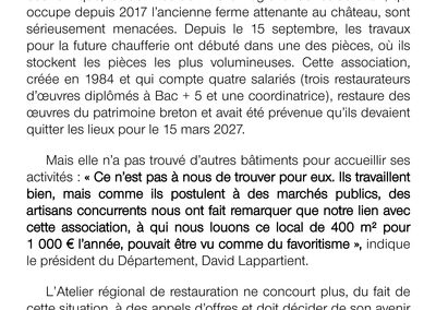 L’ATELIER REGIONAL DE RESTAURATION DE KERGUEHENNEC A BIGNAN  JOUE SA SURVIE OUEST FRANCE DU 10 OCTOBRE 2026