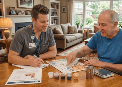 Adult speech language pathologist conducting in-home stroke rehabilitation and communication card exercises with a senior citizen in Shelby Twp, MI.