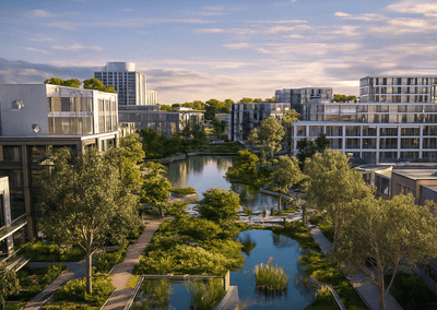 Modern glass buildings surround a tranquil canal with green trees and walkways under a blue sky, daytime scene.
