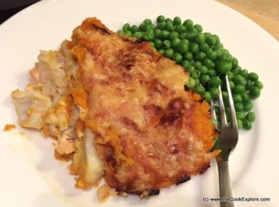 Fish Pie with Roasted Garlic Sweet Potato Mash